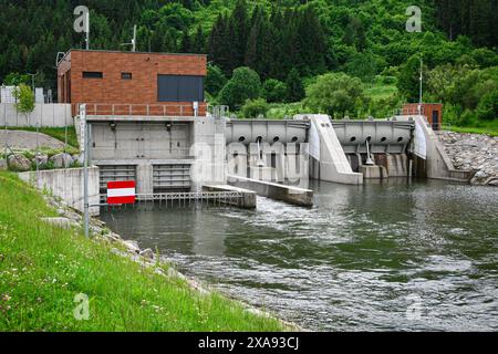 In einem bewaldeten Gebiet wird ein kleiner Wasserkraftdamm betrieben, der beispielhaft für eine nachhaltige Energieerzeugung ist. Stockfoto