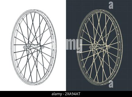 Stilisierte Vektorillustration isometrischer Blaupausen von Fahrradfelgen Stock Vektor