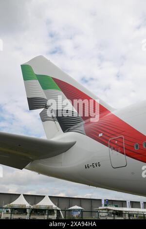 Berlin, Deutschland 05. Juni 2024: Internationale Luft- und Raumfahrtausstellung ILA 2024 im Bild: Leitwerk eines Airbus A 380 von Emirates *** Berlin 05 Juni 2024 Internationale Luft- und Raumfahrtausstellung ILA 2024 im Bild eines Airbus A 380 von Emirates Copyright: XFotostandx/xReuhlx Stockfoto