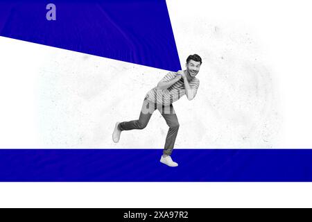 Composite Trend Artwork Skizze Bild Foto Collage der blauen Plattformlinie junger Mann Tragen Hand großes abstraktes Element Happy Smile Run Stockfoto