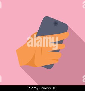 Die Hand trägt einen Handschuh und hält ein Smartphone in einem einfachen flachen Design mit langen Schatten Stock Vektor