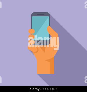 Hand zeigt ein Smartphone mit einem leeren Bildschirm auf einem violetten Hintergrund Stock Vektor