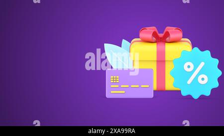 Saisonaler Verkauf, Rabatt, Black friday Concept 3D Icon isometrische Vektor-Illustration. Festliche Geschenkbox mit Schleifenband und Kreditkarte Stock Vektor