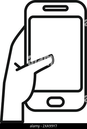 Einfache, auffällige Strichgrafik-Illustration einer Handhaltung und Verwendung eines modernen Smartphones, perfekt für Technologie- und Kommunikationsvisualisierungen Stock Vektor