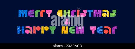Frohe Weihnachten Happy New Year Winterferien Inschrift abstraktes dekoratives Textkonzept. Moderne, farbenfrohe Grafik formt Buchstaben. Positives festliches kreatives Logo. Feiere die künstlerische Grußkarte am Vorabend Stock Vektor