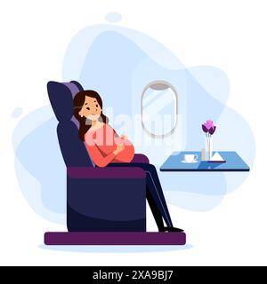 Schwangere Frau reist mit dem Flugzeug in der Business Class. Vektor flache Zeichentrickillustration. Junge Mutter hat Flugreise während der Schwangerschaft Stock Vektor