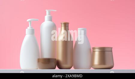 Kosmetikflaschen, Cremebecher im Badezimmer. Hygieneartikel für die persönliche Hygiene. Kunststoffbehälter, Flüssigseifenspender. Verschiedene Schönheitspflegeprodukte Stockfoto