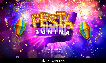 Festa Junina Feier Banner Illustration mit Papier Laterne, Party Flaggen und Glühbirne Reklametafel auf leuchtendem Feuerwerk Hintergrund. Vektor Brasilien Stock Vektor