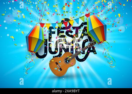 Festa Junina Illustration mit Portugal Arraia Schriftzug auf Vintage Holzbrett auf himmelblauem Hintergrund. Vektor Brasilien Juni Sao Joao Festival Design Stock Vektor