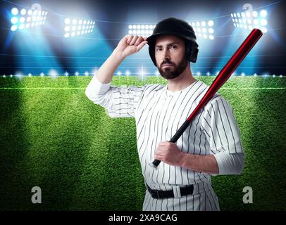 Professioneller Baseballspieler mit Schläger im Stadion Stockfoto