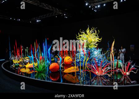 Biltmore Estate, Ashvellie, North Carolina, USA - die Chihuly-Ausstellung ist eines der Höhepunkte des Biltmore Estate in diesem Jahr. Einzigartige Kreationen. Stockfoto