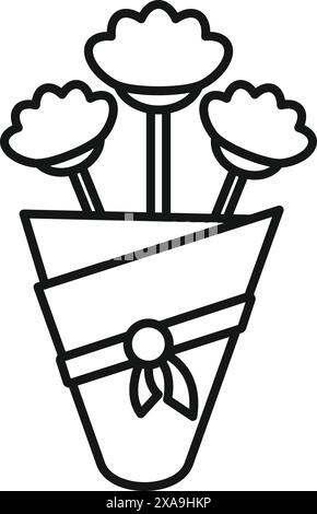Vereinfachte Zeichnung, die einen Blumenstrauß zeigt, der in Papier gewickelt und mit Schnur gebunden ist Stock Vektor