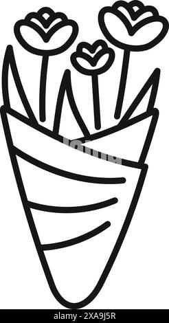 Einfache und elegante Linienzeichnung mit Blumen, die in dekoratives Papier gewickelt sind und Gefühle der Freude und des Feierns wecken Stock Vektor