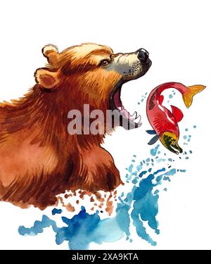 Grizzlybär fischt einen Lachsfisch. Handgezeichnete Aquarellillustration Stockfoto