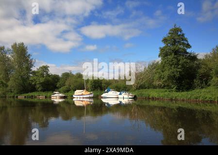 Boote mit Reflexionen, die am Ufer gegenüber der Werft am Fluss Bure an den Norfolk Broads in Belaugh, Norfolk, England, Großbritannien, vertäut sind. Stockfoto