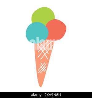 Schmelzende bunte Eiskugeln in Waffelkegel isoliert auf weißem Hintergrund. Vector Flat oder Cartoon Illustration von Sommer süßes Dessert für T-Shirt Stock Vektor