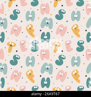 Handgezeichnetes nahtloses Muster mit lächelnden Buchstaben. Lustiges Maskottchen-Vektor-Design. Stock Vektor