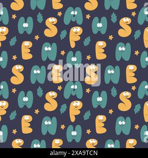 Handgezeichnetes nahtloses Muster mit lächelnden Buchstaben. Lustiges Maskottchen-Vektor-Design auf dunklem Hintergrund. Stock Vektor