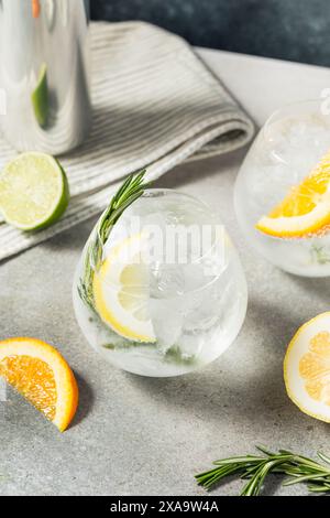 Heißer erfrischender Hard Seltzer Cocktail mit Zitrone und Rosmarin Stockfoto