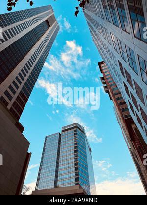 Eine urbane Skyline aus hohen Gebäuden vor einem klaren blauen Himmel Stockfoto