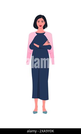 Porträt einer asiatischen Frau steht in voller Länge mit überkreuzten Armen. Beliebte Büroberufe und Geschäftsleute. Illustration der Vektorabwicklung Stock Vektor