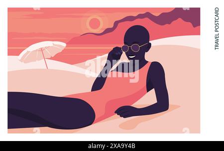 Afrikanische Frau, die am Sandstrand im Hintergrund mit Meer und Bergen liegt. Sommerurlaub in den südlichen Resorts. Illustration der Vektorabwicklung Stock Vektor