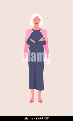 Porträt einer älteren Frau steht in voller Länge mit überkreuzten Armen. Großmutter. Illustration der Vektorabwicklung Stock Vektor