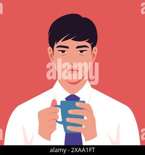 Ein trauriger und erschöpfter asiatischer Mann hält eine Tasse Kaffee in den Händen. Ein überlasteter Manager. Illustration der Vektorabwicklung Stock Vektor