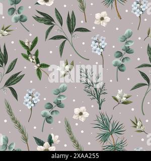 Botanisches nahtloses Muster mit Weihnachtsblumen und -Elementen. Vektor. Stock Vektor