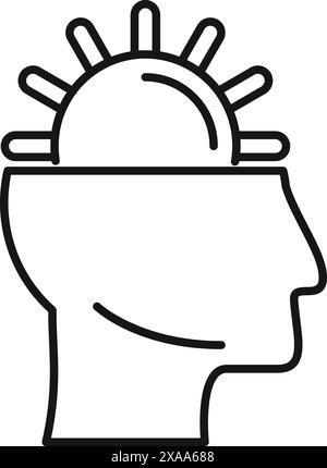 Flaches Symbol, das eine menschliche Kopfsilhouette mit einem Sonnenmotiv darstellt, das die Erleuchtung symbolisiert Stock Vektor