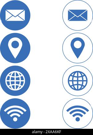 Blaue und weiße Mail-Symbole, Geolocation, Welt- und wi-fi-Symbole auf weißem Hintergrund Stock Vektor