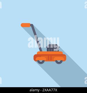 Flache Vektorillustration eines orangen Rasenmähers mit minimalistischem blauem Hintergrund Stock Vektor