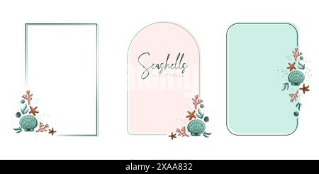 Set handgezeichneter Strichkunstrahmen mit Muscheln, Blasen, Algen und Korallen. Sommerrahmen für Monogramm, Logo, Einladung, Postkarte und mehr. Vintage Wrea Stock Vektor