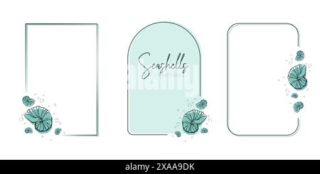 Set handgezeichneter Strichkunstrahmen mit Muscheln, Blasen, Algen und Korallen. Sommerrahmen für Monogramm, Logo, Einladung, Postkarte und mehr. Vintage Wrea Stock Vektor