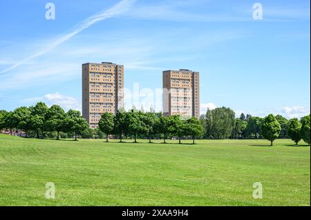 Tower Blocks neben Bellahouston Park, Dumbreck Court, Glasgow, Schottland, Großbritannien, Europa Stockfoto