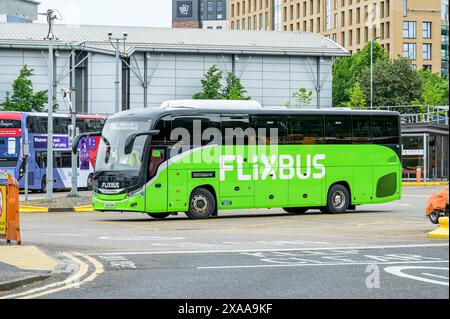 FlixBus Bus, Glasgow, Schottland, Großbritannien, Europa Stockfoto