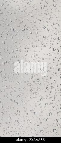 Regentropfen auf der Windschutzscheibe des Autos aus nächster Nähe durch das Fenster Stockfoto