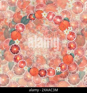 Ein lebendiges Kreismuster zeigt Zitrusfrüchte, Blumen und Lichteffekte auf einem beigefarbenen Hintergrund in einem faszinierenden fraktalen Design Stockfoto