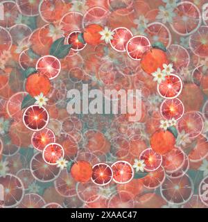 Ein lebendiges Kreismuster zeigt Zitrusfrüchte, Blumen und Lichteffekte auf türkisfarbenem Hintergrund in einem faszinierenden fraktalen Design Stockfoto