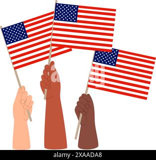 Verschiedene Hände mit amerikanischen Fahnen. Vektor-Illustration in flachem Stil für Design nationale traditionelle Feiertage und Unabhängigkeitstag. Stock Vektor