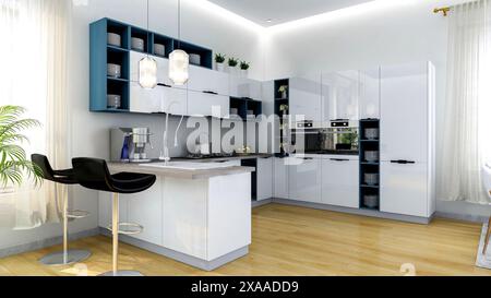 Weiße, moderne, stilvolle Küche, 3D-Rendering Stockfoto