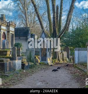 Ein malerischer Blick auf den Friedhof Pere-Lachaise, eine gepflasterte Gasse mit Gräbern im Winter in Paris, Frankreich Stockfoto