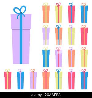 Sammlung von 20 mehrfarbigen Geschenkboxen. Vektorabbildung Stock Vektor