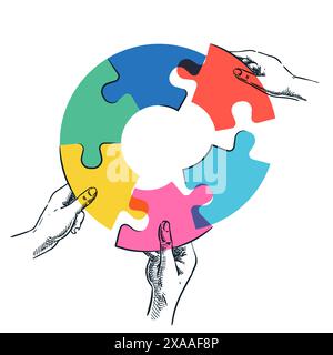 Menschliche Hände halten bunte Teile des Kreispuzzles. Vektorgrafik von Hand gezeichnet. Das Business Team löst das Problem und schließt sich dem Verbindungsspiel an. Stock Vektor