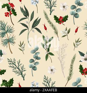 Botanisches nahtloses Muster mit Weihnachtsblumen und -Elementen. Vektor. Stock Vektor