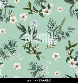Botanisches nahtloses Muster mit Weihnachtsblumen und -Elementen. Vektor. Stock Vektor