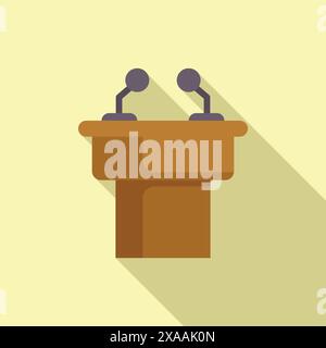 Minimalistisches Vektorbild eines Lautsprecherpodiums mit zwei Mikrofonen, das einen Schatten wirft Stock Vektor