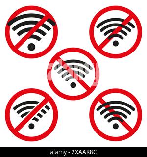 Keine Wi-Fi-Schilder. Rote Verbotssymbole. Vektorabbildung. Drahtloses Netzwerk verboten. Stock Vektor
