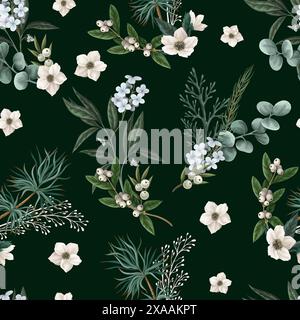 Botanisches nahtloses Muster mit Weihnachtsblumen und -Elementen. Vektor. Stock Vektor