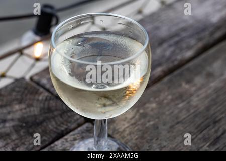 Verkostung von Bordeaux-Weißwein, rechtes Ufer der Gironde-Mündung, Frankreich. Gläser weißen, süßen französischen Weines, serviert im Außenrestaurant, Austern Farm Stockfoto